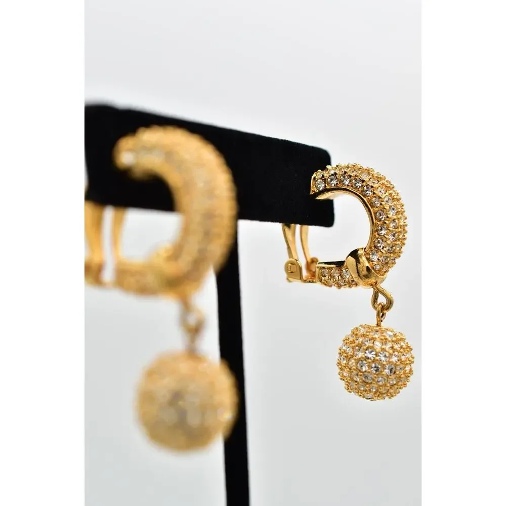 Swaovski Vintage Crystal Clip On Earrings Ball Dangle Gold Swan Signed 80s BinBJ